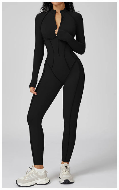 BodyFlow Combinaison Sport Femme – Design Sculptant, Col Montant Zippé, Performance & Élégance