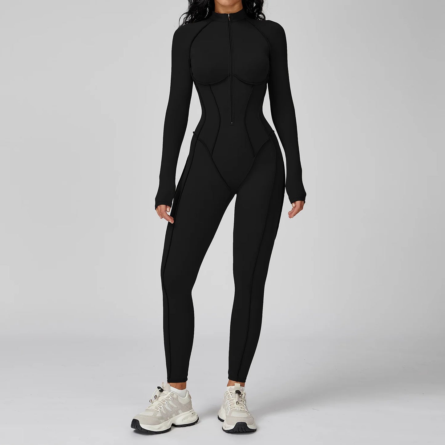 BodyFlow Combinaison Sport Femme – Design Sculptant, Col Montant Zippé, Performance & Élégance