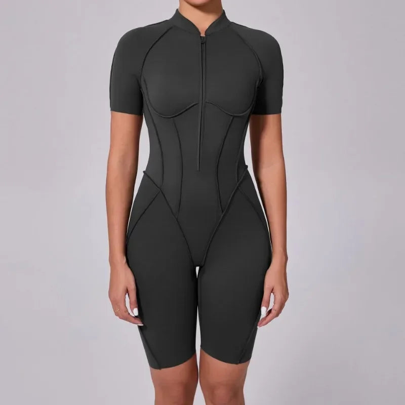 Women's One-Piece Tracksuit, Open Back & Zip, Yoga and Fitness 