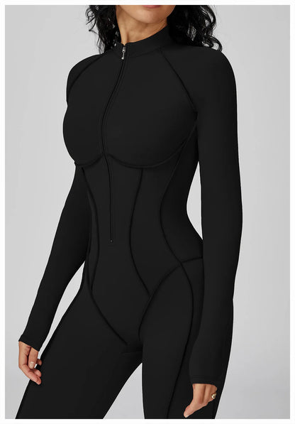 BodyFlow Combinaison Sport Femme – Design Sculptant, Col Montant Zippé, Performance & Élégance