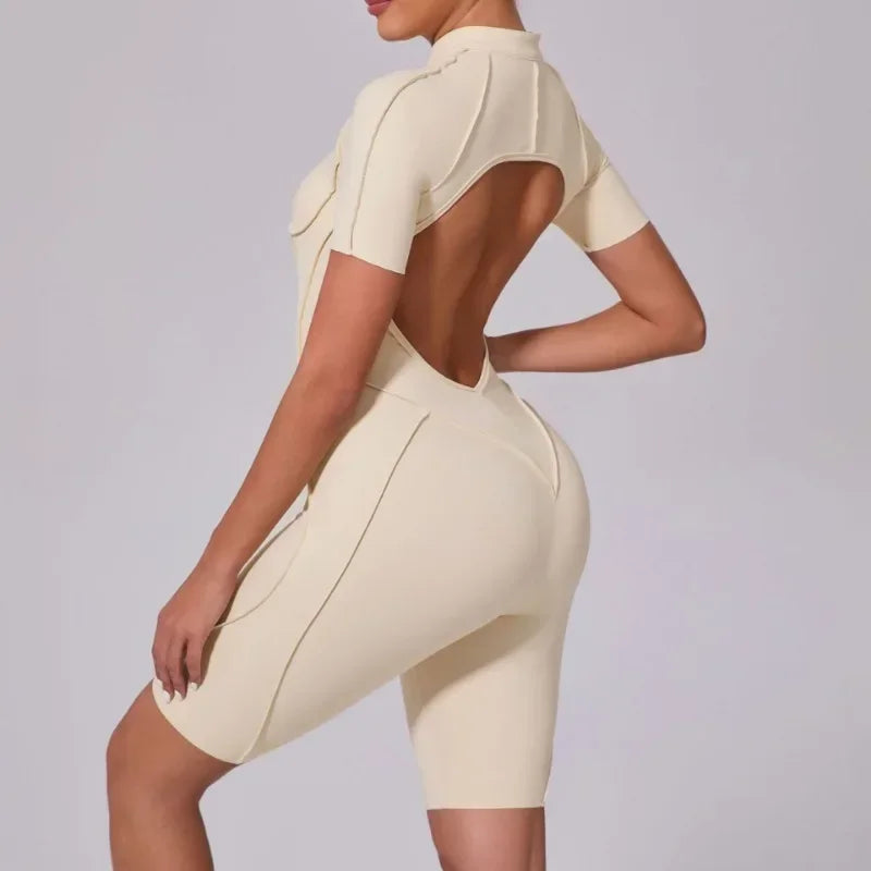 Women's One-Piece Tracksuit, Open Back & Zip, Yoga and Fitness 