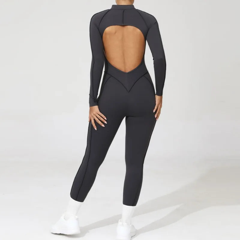 Women's One-Piece Tracksuit, Open Back &amp; Zip, Yoga and Fitness 