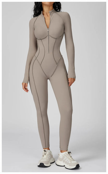 BodyFlow Combinaison Sport Femme – Design Sculptant, Col Montant Zippé, Performance & Élégance