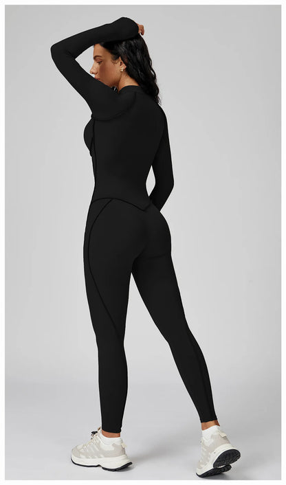 BodyFlow Combinaison Sport Femme – Design Sculptant, Col Montant Zippé, Performance & Élégance