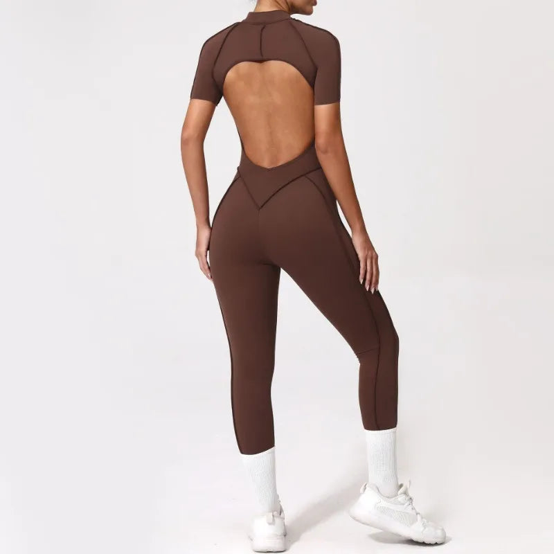 Women's One-Piece Tracksuit, Open Back &amp; Zip, Yoga and Fitness 