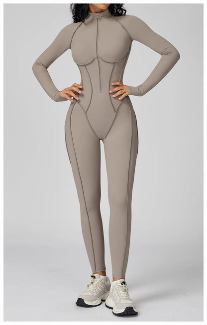 BodyFlow Combinaison Sport Femme – Design Sculptant, Col Montant Zippé, Performance & Élégance