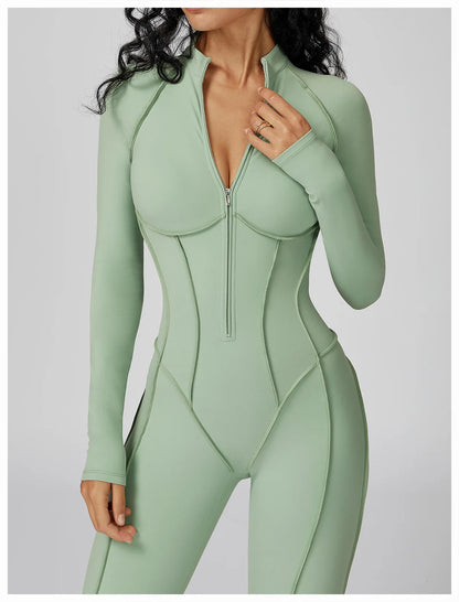 BodyFlow Combinaison Sport Femme – Design Sculptant, Col Montant Zippé, Performance & Élégance