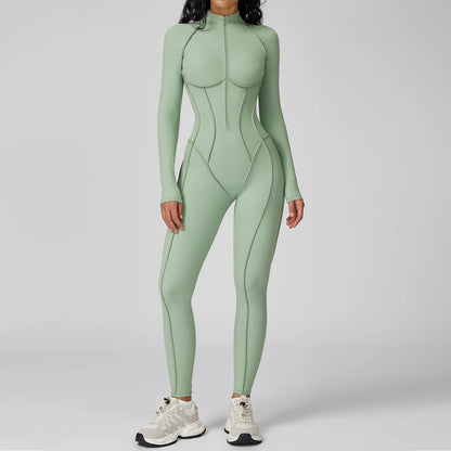 BodyFlow Combinaison Sport Femme – Design Sculptant, Col Montant Zippé, Performance & Élégance