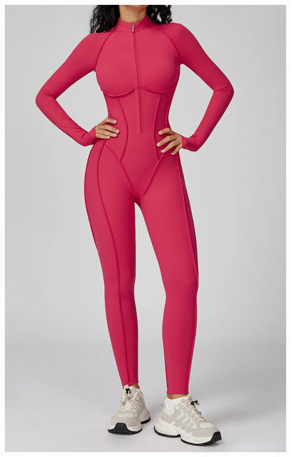 BodyFlow Combinaison Sport Femme – Design Sculptant, Col Montant Zippé, Performance & Élégance