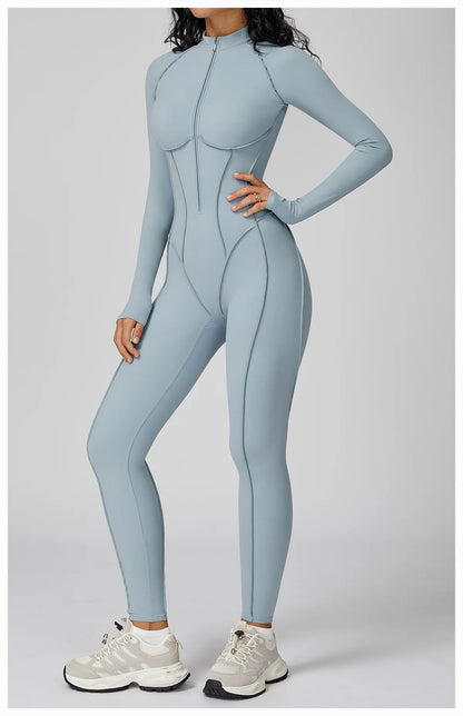 BodyFlow Combinaison Sport Femme – Design Sculptant, Col Montant Zippé, Performance & Élégance
